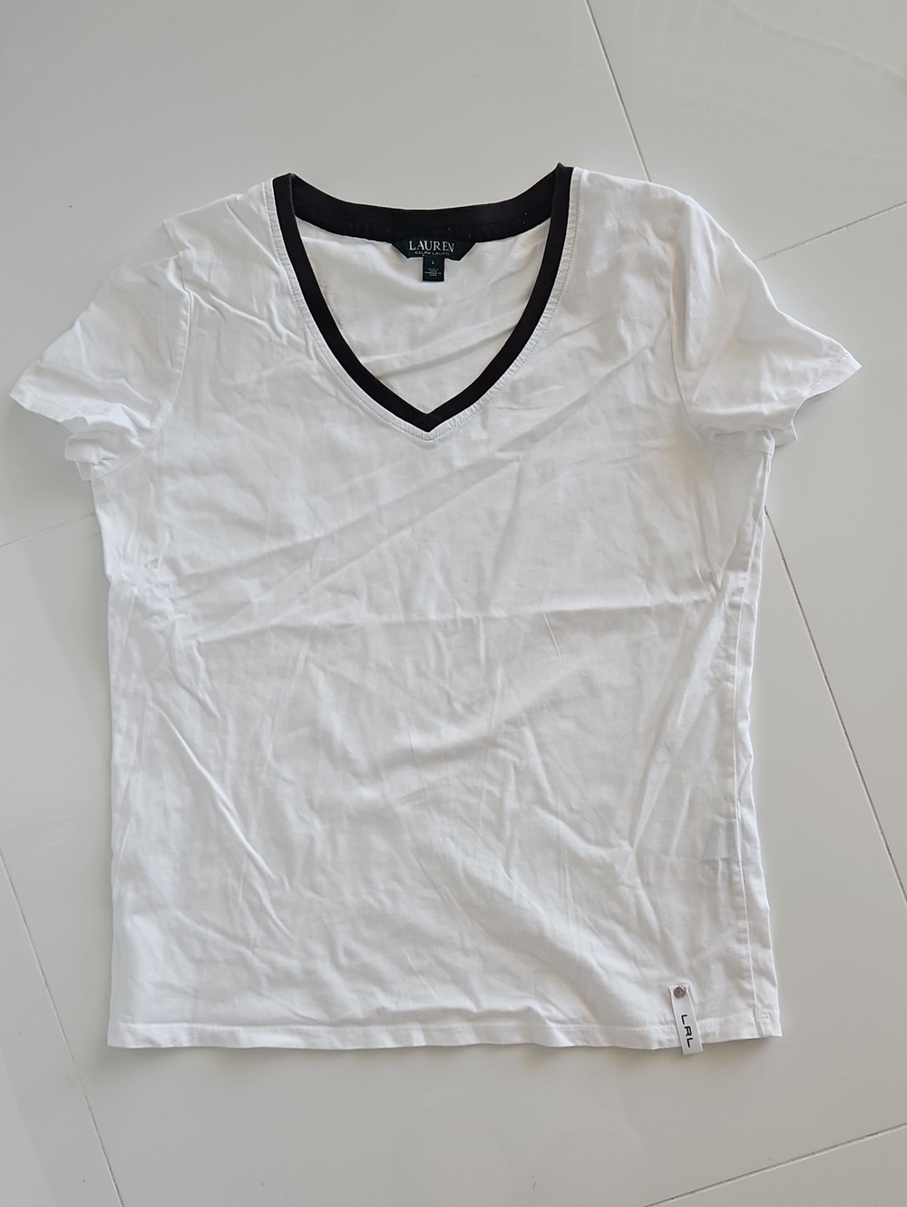 Lauren Ralph Lauren White V-Neck Tee with Black Trim Accent